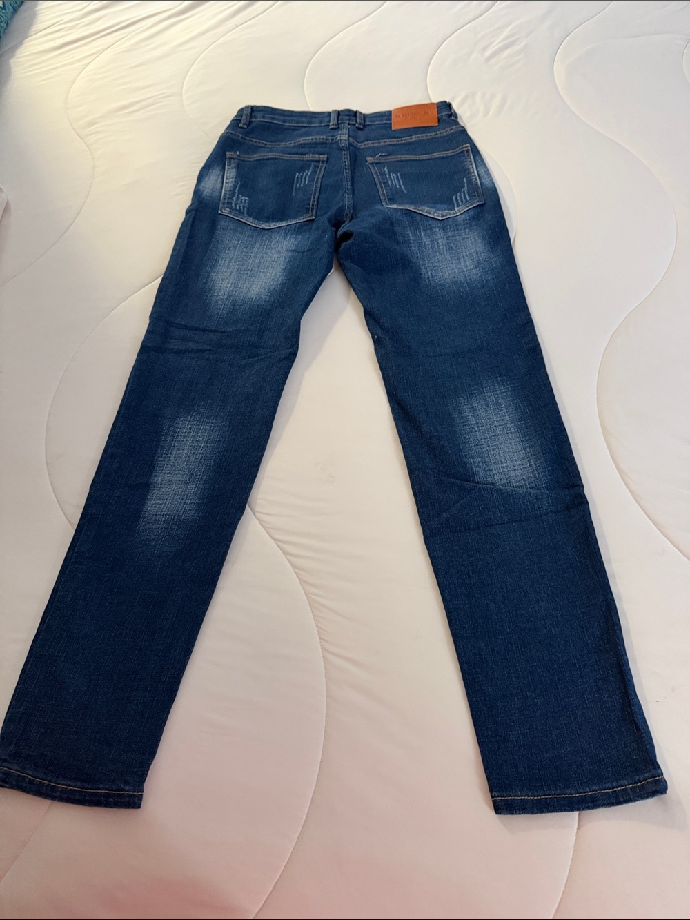 Men's Straight Fit Distressed Dark Blue Jeans - Picture 2 of 5